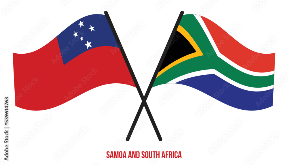 Samoa and South Africa Flags Crossed And Waving Flat Style. Official Proportion. Correct Colors.