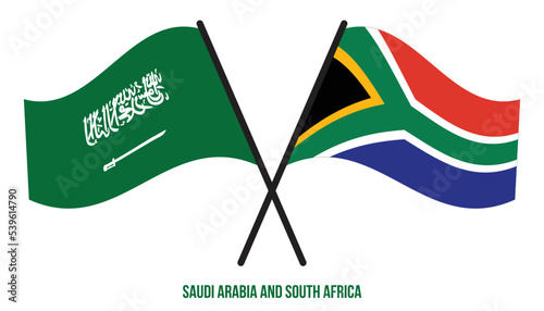 Saudi Arabia and South Africa Flags Crossed And Waving Flat Style. Official Proportion
