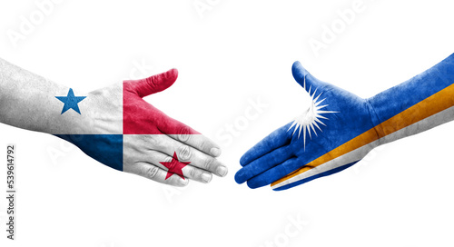 Handshake between Marshall Islands and Panama flags painted on hands, isolated transparent image.