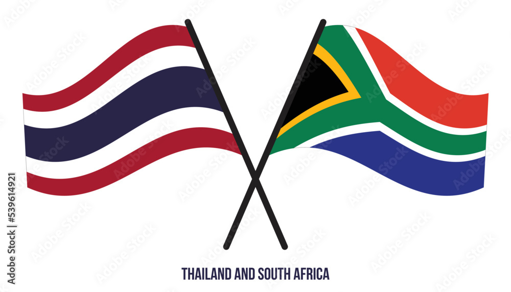Thailand and South Africa Flags Crossed And Waving Flat Style. Official Proportion. Correct Colors.