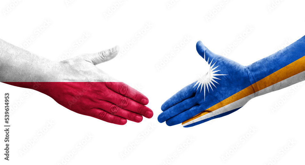 Handshake between Marshall Islands and Poland flags painted on hands, isolated transparent image. Handshake between Marshall Islands and Poland flags painted on hands, isolated transparent image.