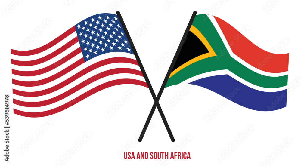 USA and South Africa Flags Crossed And Waving Flat Style. Official Proportion. Correct Colors.