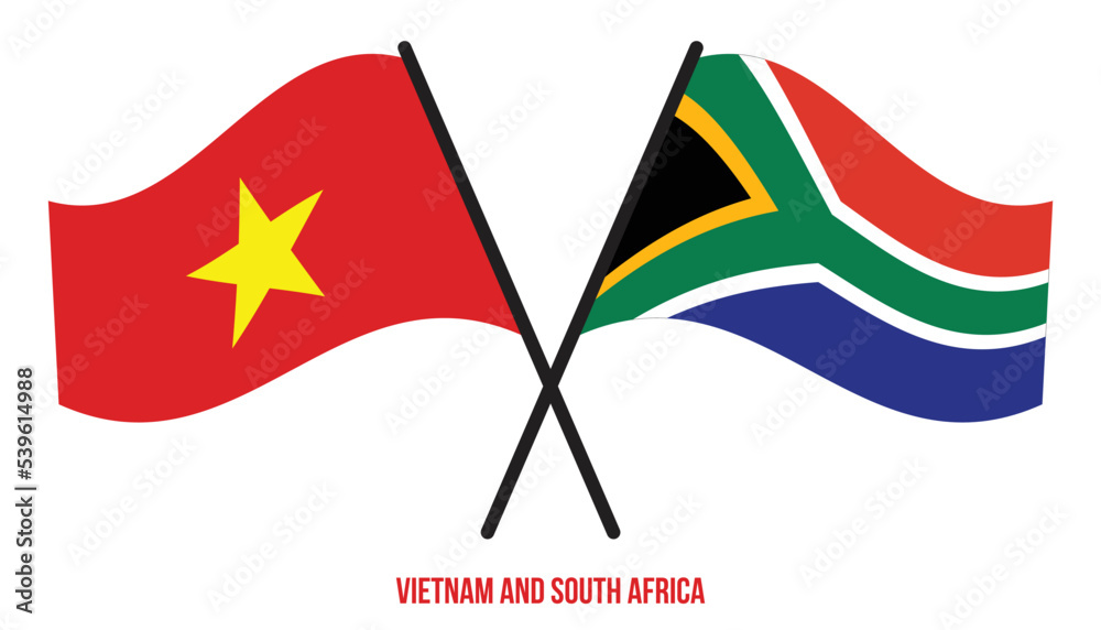 Vietnam and South Africa Flags Crossed And Waving Flat Style. Official Proportion. Correct Colors.