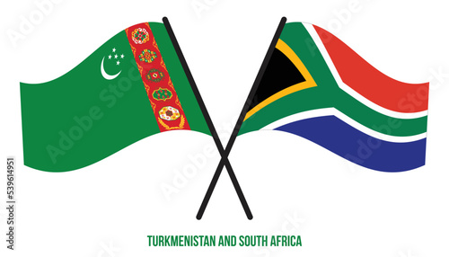 Turkmenistan and South Africa Flags Crossed And Waving Flat Style. Official Proportion.