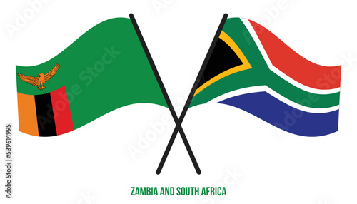 Zambia and South Africa Flags Crossed And Waving Flat Style. Official Proportion. Correct Colors.