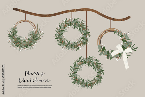 Christmas wreath with floral elements. New Year. Eco decoration for winter wedding. Vector flat cartoon botanical illustration