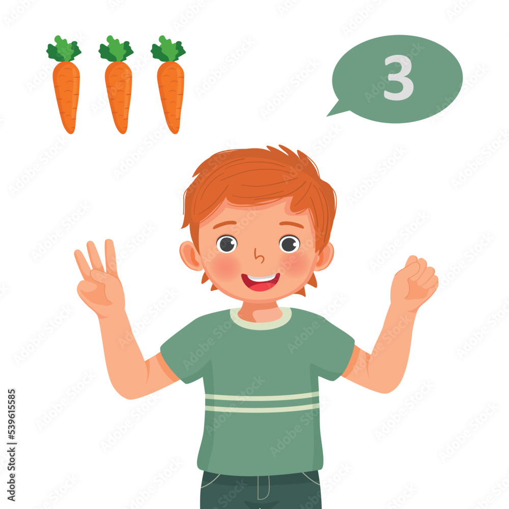 Cute little boy counting with finger showing number three with hand gesture Cute little boy counting with finger showing number three with hand gesture
