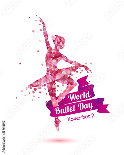 World Ballet Day. November 2. Vector banner with ballerina silhouette of pink rose petals