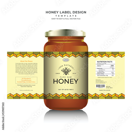 Natural honey bee label design and mock-up jar pure honey background graphic template clean transparent label design. 