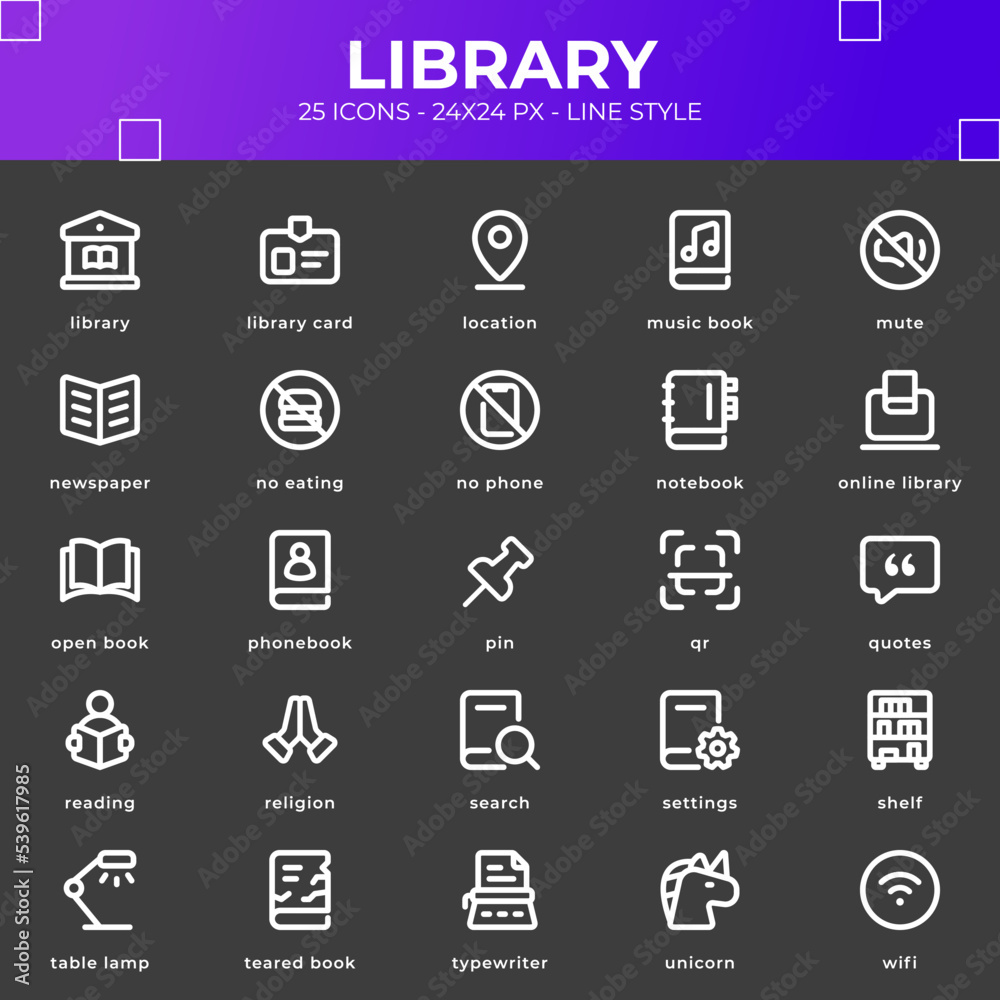 Library icon pack with black color style Library icon pack with black color style