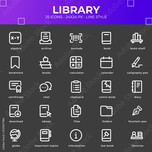 Library icon pack with black color style