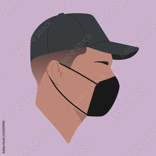 Silhouette. Portrait. Man head in the mask. Head in the mask flat colored illustration. Head silhouette. The head of a guy in a baseball cap. Quarantine 