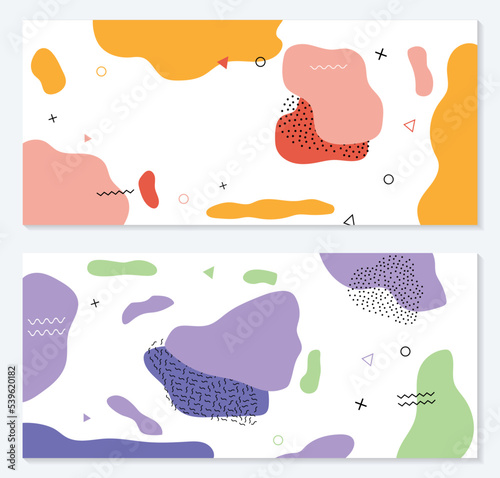 Set of isolated memphis style abstract shapes with geometric triangle and dots. Red and blue, yellow and violet texture made of shapes for minimalistic background. Template with geometric form