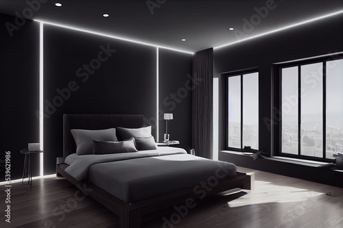 3d rendering bedroom interior with dark black and grey style. black headboard and wooden floor with glass window.