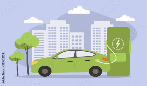 vector illustration in a flat style on the theme of an electric car. electric car charging