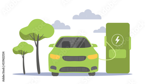 vector illustration in a flat style on the theme of an electric car. electric car charging © Viktoria