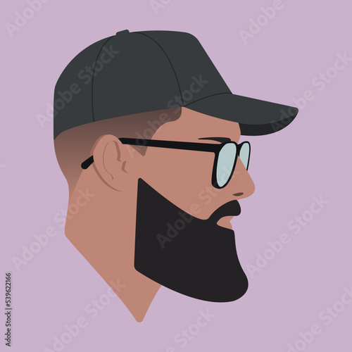 Silhouette. Portrait. Man head in the mask. Head in the mask flat colored illustration. Head silhouette. The head of a guy in a baseball cap.