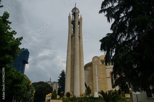 Bell tower of the Resurrection Cathedral, an Albanian orthodox church in the center of Tirana photo