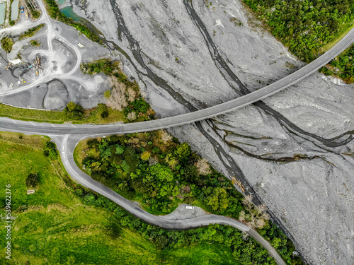 An aerial photo of the New Zealand State highway one crossing Hapuku river on the South Island of New Zealand
