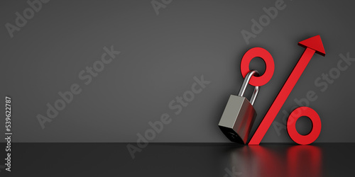 Red percentage icon with upward arrow and lock on black background. Concept for fixed interest rates. 3D rendering.