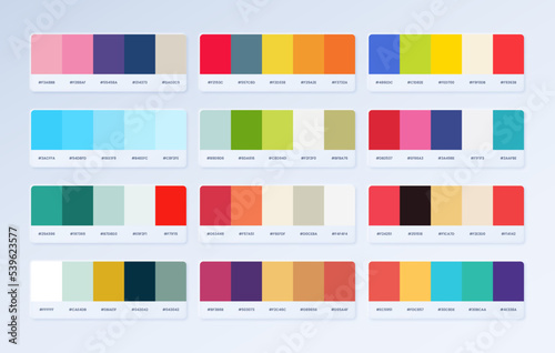Modern trend color palette catalogue guide in RGB Hex. The palette shades of soft pastel colour sample fashion combination collection.