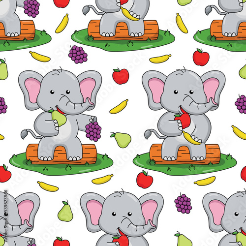 Cartoon elephant eating fruit seamless pattern design 