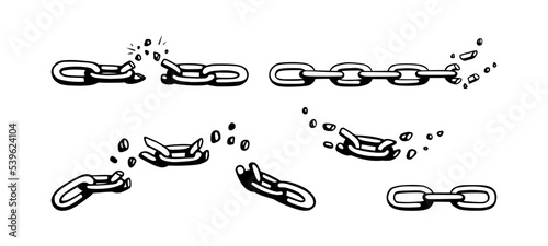 Broken chain with shatters as symbol of strength and freedom. Sketch of metal chains. Vector illustration isolated in white background