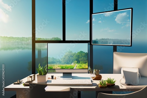 Modern home workplace interior design with PC computer desktop mockup for display your graphic and accessories on table over blurred beautiful nature lake in background. 3d rendering, 3d illustration