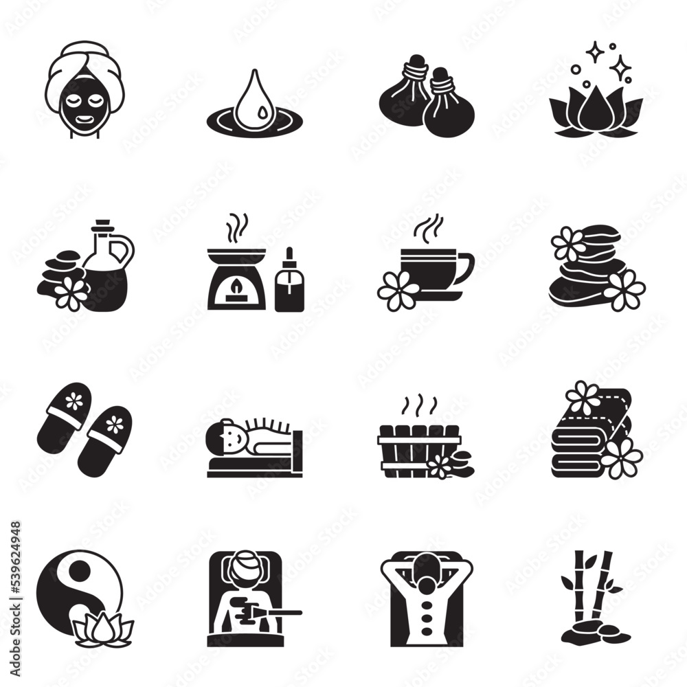 Massage & Spa black glyph icon set.
