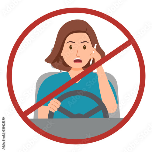 Woman driving car talking on phone inside red stop sign in flat design on white background.