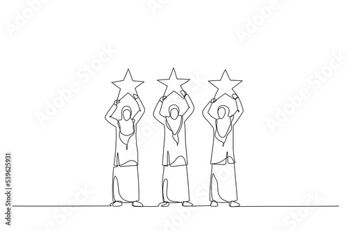 Illustration of muslim woman holding the big stars over the head. Single continuous line art style