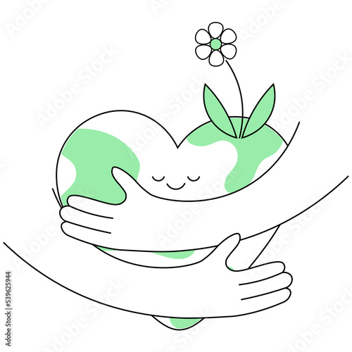  Smiling heart shaped earth cartoon with hands hugging earth. Climate change issue.