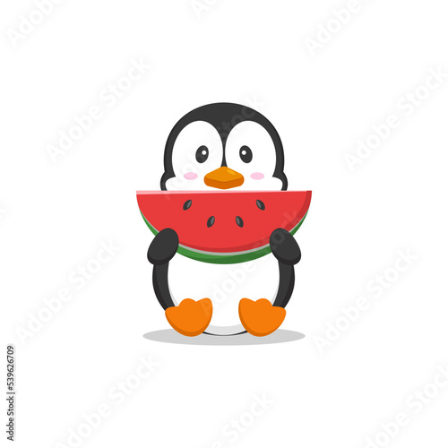 Kawaii cartoon penguin eating watermelon isolated on white background