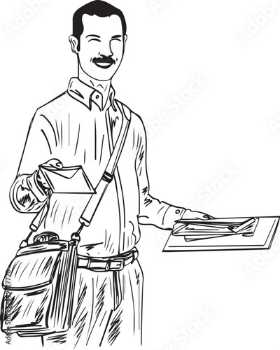 postman holding mail letter, continuous outline vector illustration silhouette of Delivery man with mail bag holding an envelope, mail boy holding letter sketch drawing, Postman placing envelope into 
