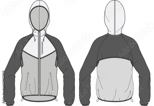windrunner trail running jacket unisex long sleeve hooded windbreaker jacket flat sketch vector illustration front and back view technical cad drawing template. photo