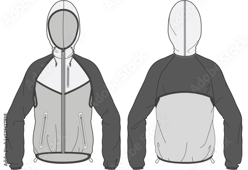 windrunner trail running jacket unisex long sleeve hooded windbreaker jacket flat sketch vector illustration front and back view technical cad drawing template.
