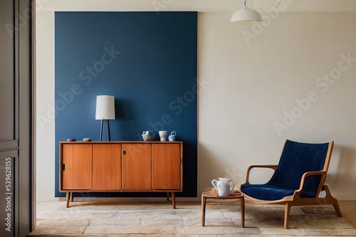 Wooden cupboard next to blue armchair in cozy living room interior with beige settee photo