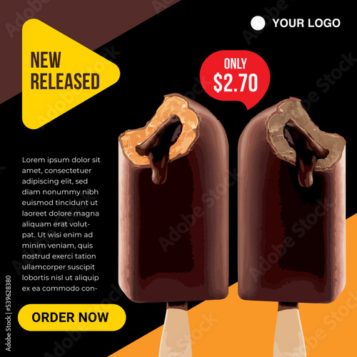 Chocolate coated ice cream with chocolate and orange filling. Social media post and web banner template design. Vector illustration