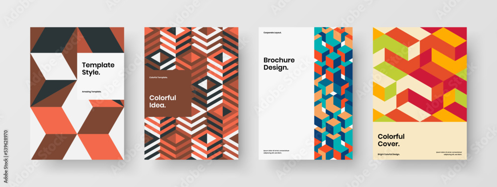 Isolated geometric hexagons magazine cover layout set. Bright corporate identity design vector template composition.