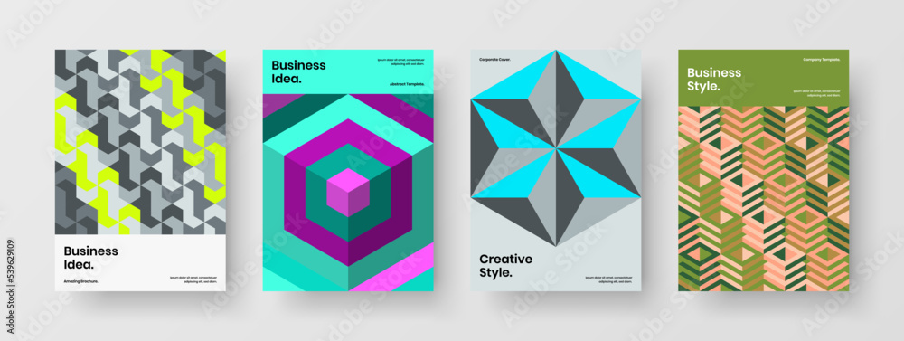 Simple mosaic hexagons leaflet concept bundle. Amazing cover design vector layout composition.