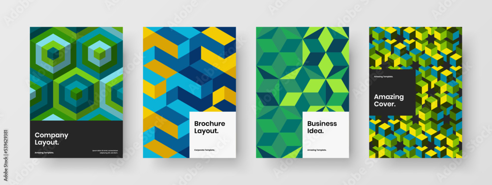 Fototapeta premium Bright mosaic tiles booklet concept collection. Minimalistic corporate brochure A4 design vector layout bundle.
