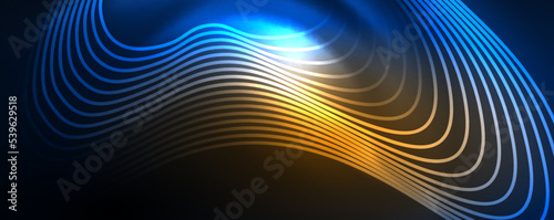 Shiny neon waves, dynamic electric motion, energy or speed concept. Vector illustration for wallpaper, banner, background, leaflet, catalog, cover, flyer