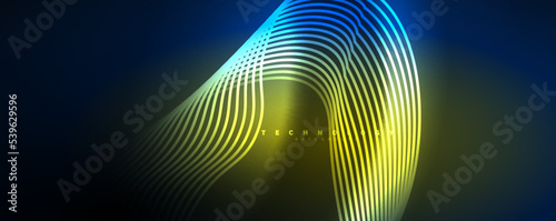 Shiny neon waves, dynamic electric motion, energy or speed concept. Vector illustration for wallpaper, banner, background, leaflet, catalog, cover, flyer
