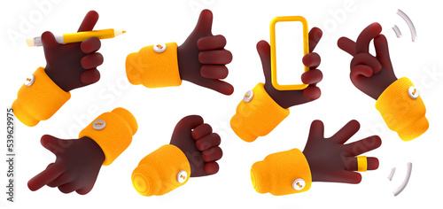 3D illustration set of hand gestures isolated on white background. African americal character holding smartphone, pencil, using smart ring, snapping fingers, pointing, making fist, call me sign photo
