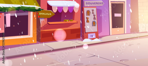 City street with traditional arabic food and souvenirs shops in winter. Empty town landscape with houses, stores, Christmas decoration and snow, vector cartoon illustration