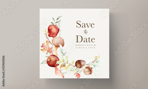elegant watercolor wedding invitation card with red apple, nut and mushroom