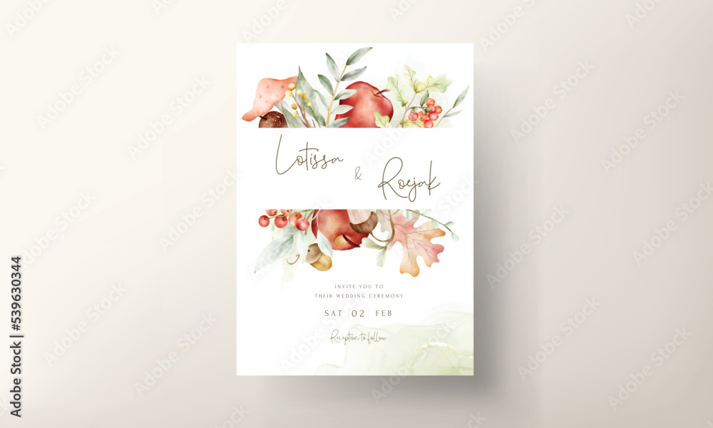 elegant watercolor wedding invitation card with red apple, nut and mushroom