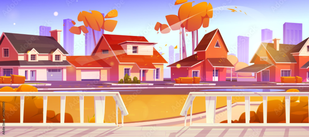 Autumn suburban street with cottages view from house terrace with wooden porch and railings. Residential district with cozy homes along road with bright colorful trees, Cartoon 2d vector illustration