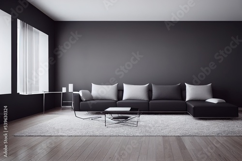 Minimalist modern living room interior background with black sofa. 3D rendering