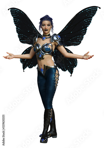 3D rendered fantasy fairy with black wings on transparent background - 3D illustration
